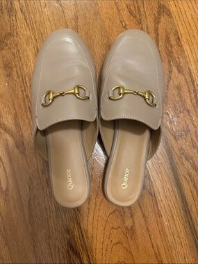 Quince Taupe Leather Slip-On Mules with Gold Horsebit